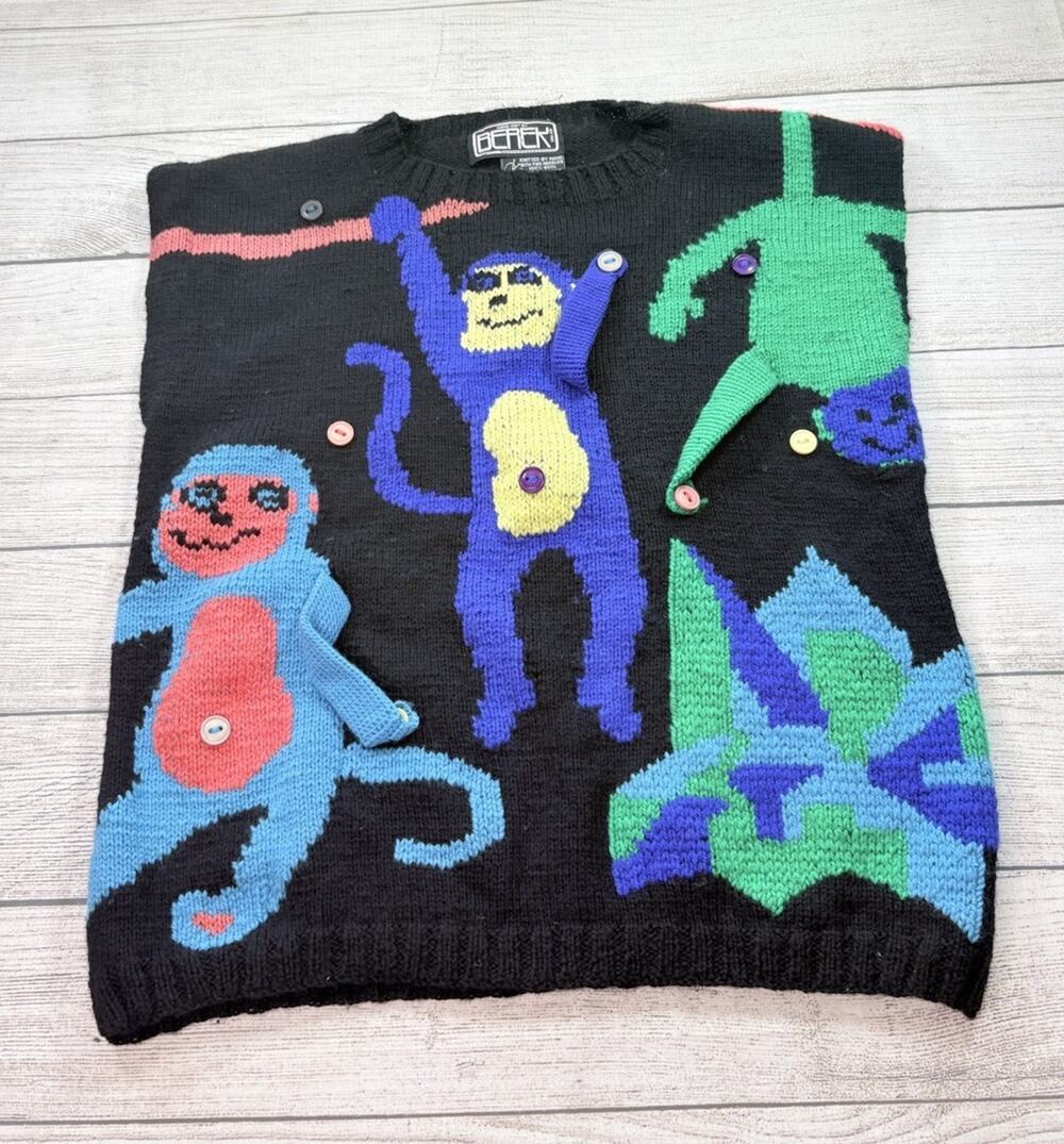 Berek Vintage Interactive Monkeys Pullover Sweater Vest Wool Hand Knit Size XL?